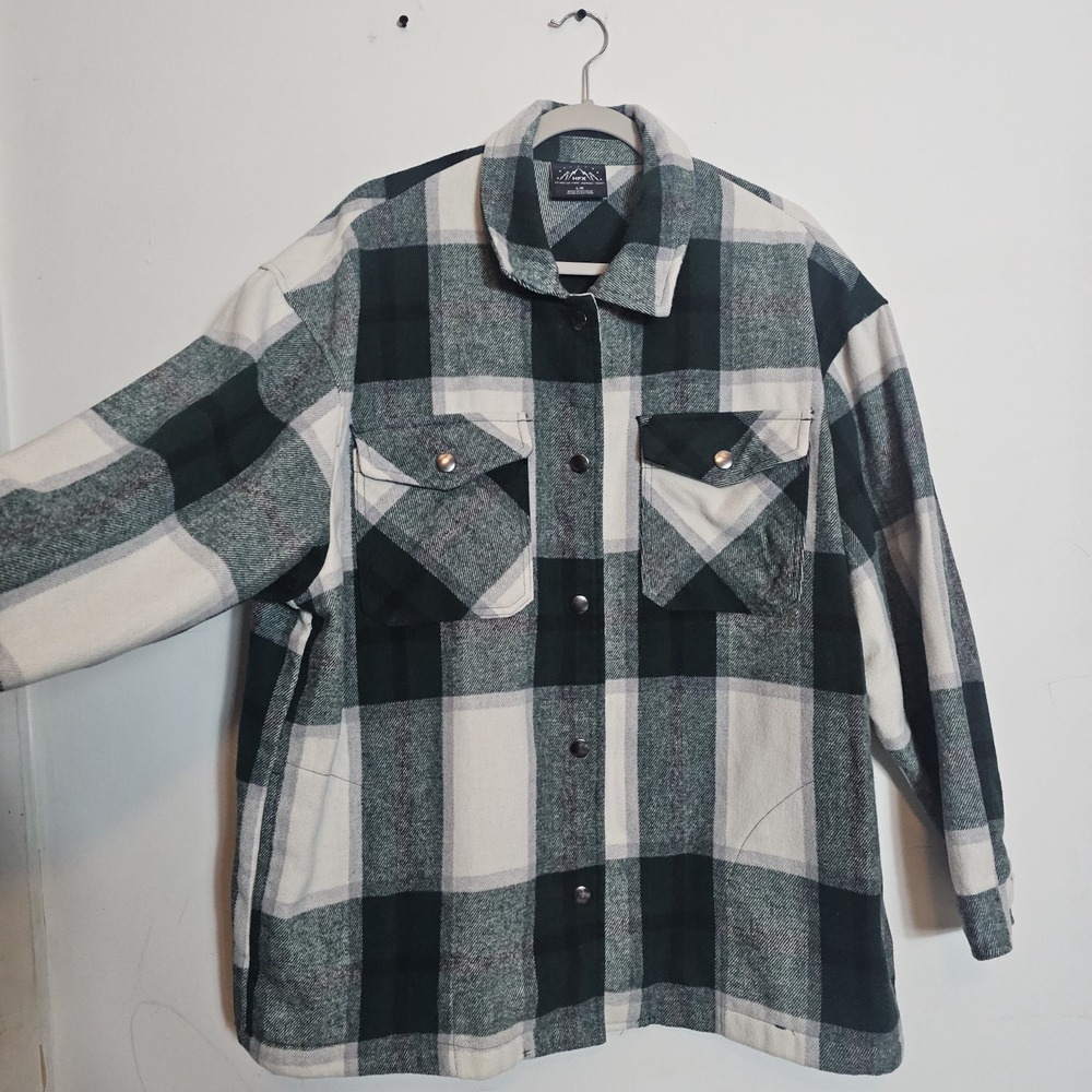 HFX Plaid Flannel Large Cream Green Thick Outdoors Hiking Gorpcore Women's